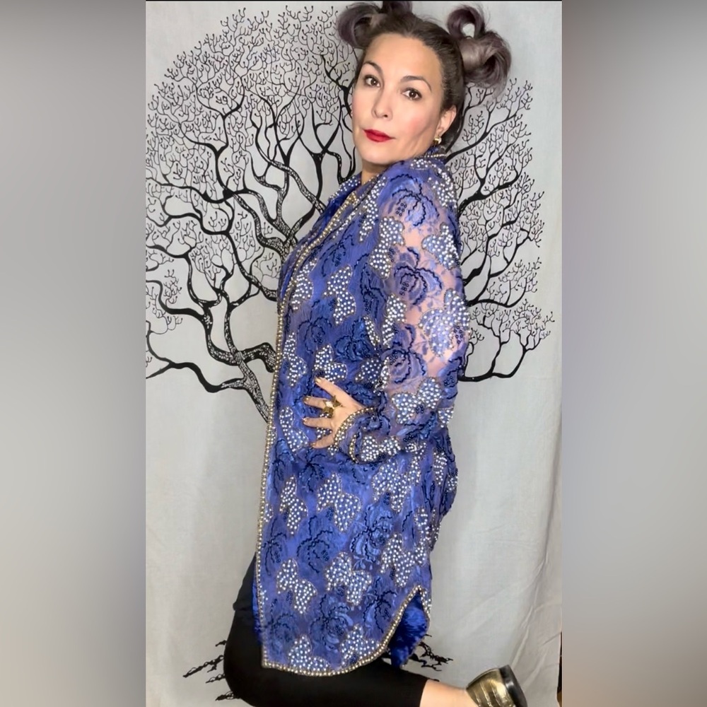 Gunit Womens Beaded Sheer Royal Blue Long Jacket XL 100% Rayon Made In India